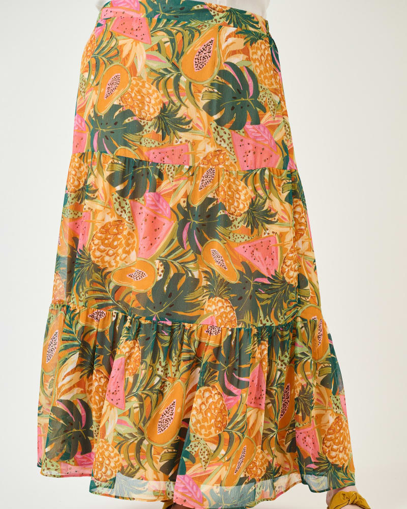 Front of a model wearing a size 3X Lana Papaya Print Maxi Skirt in N544 Papaya by Daniel Rainn. | dia_product_style_image_id:271965